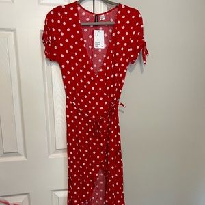 Red polka dot midi dress
